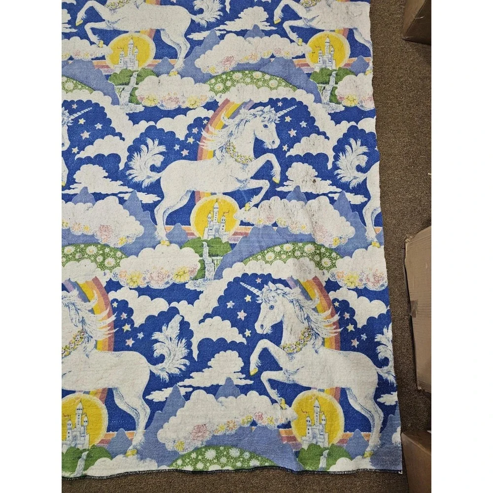 Vintage Unicorn Blanket‎ Fabric 84x74 Blue Rainbow Castle Fantasy Retro